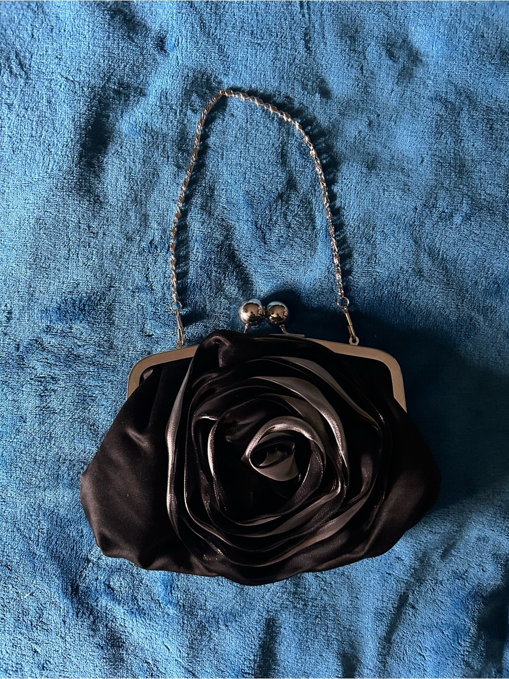 Black Satin Rose Applique Evening Clutch with Chain
